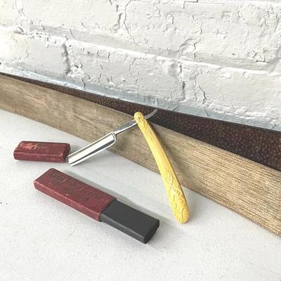 Antique Boar Hide Sharpening Strap With Straight Razor, Sheffield England