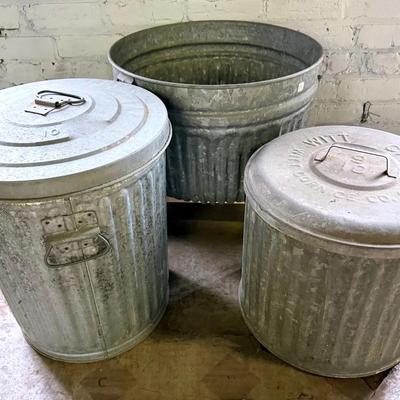Vintage Galvanized Metal Cans (3) w/ 10-Gallon Witt Cornice Co., Planter ++