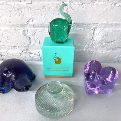 Collectible Paperweights With Hand Blown Turtle, Knob, Heart And Elephant