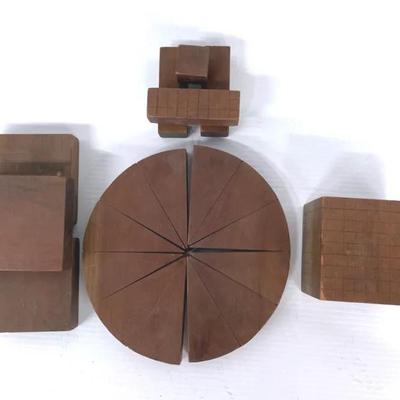 Antique Dissected Wood And Leather Circle Model With Wood Geometry Teaching Blocks 