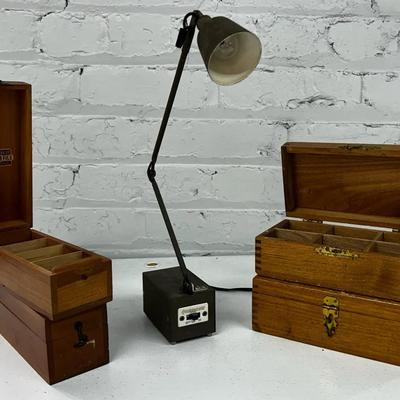 1960s Tensor Desk Lamp & Vintage Wooden Storage Boxes (4)