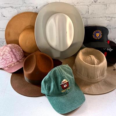 Vintage Hat Collection (8) with Cowboy Hard Hat, Felt, Banana Republic, Brain ++