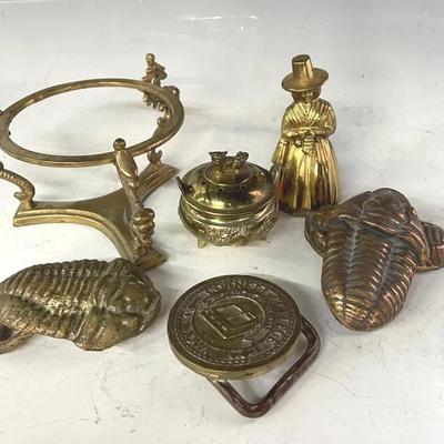 Vintage Brass Collectibles With Belt Buckles, Bell And Decor