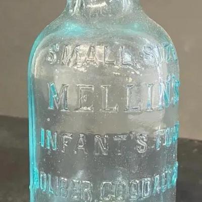 Embossed Baby Food Bottle, Blue Glass w/ Stopper