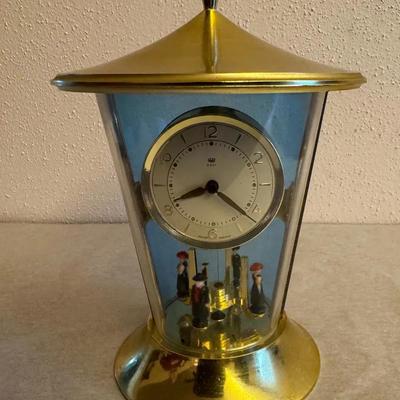 Vintage West German 8-Day Brass & Glass Mantel Clock with Rotating Figurines