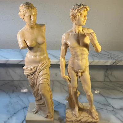 A. Santini Italian Alabaster Statues (Venus de Milo & David) Set of 2