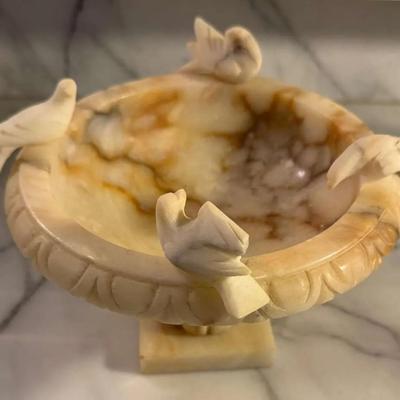 Alabaster/Marble Pedestal Bowl with Carved Doves