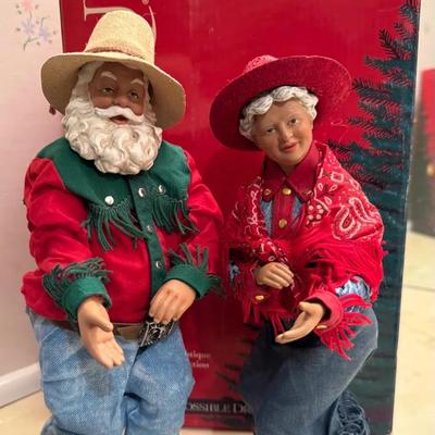 Pair of Western-Style Santa Figures – Fabric Body Holiday Décor