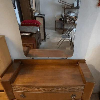 Vintage Waterfall-Style Vanity Dresser w/ Mirror