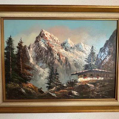 Framed Alpine Mountain Landscape Painting