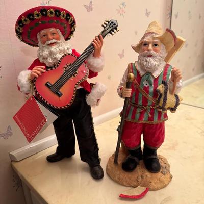 Pair of Decorative Santa Figurines – Mariachi Guitar Santa & Rustic Traveler Santa