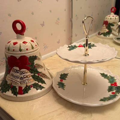 Vintage Christmas Ceramic Bell & Two-Tier Holly Dessert Server – Holiday Table Décor Set”