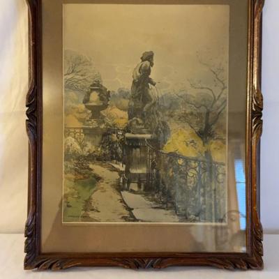 Antique Charles Legrand Color Etching – Romantic Garden Statue Scene – c. 1910 – Framed