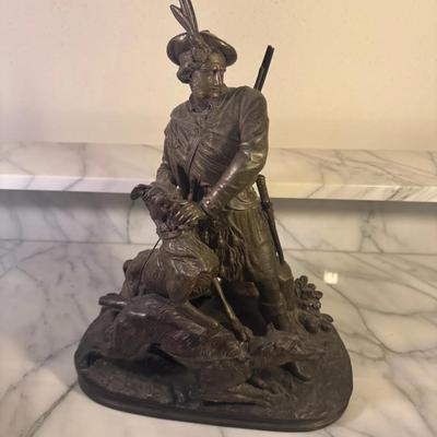 Bronze Dog Figurine & Scottish Hunter Statue (2-Piece Lot)