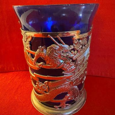 Cobalt Blue Glass Dragon Tankard with Cast Metal Overlay – Asian Motif Stein