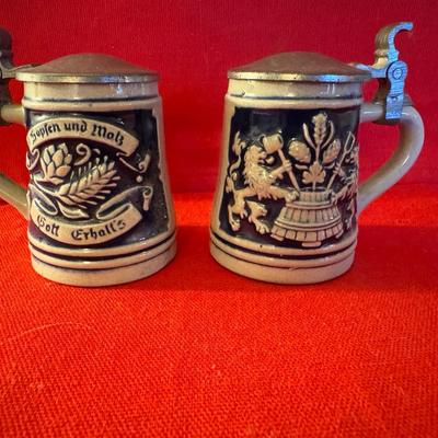 Pair of German Stoneware Beer Steins with Pewter Lids – “Hopfen und Malz, Gott erhalt’s”
