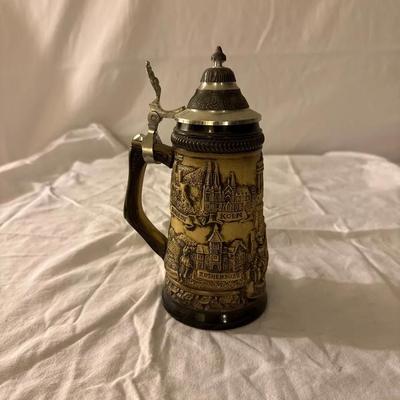 Vintage German Beer Stein – Köln & Rothenburg City Relief, Pewter Lid