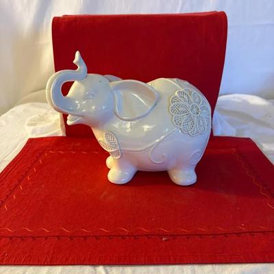 Decorative White Porcelain Elephant Figurine with Embossed Floral Detail