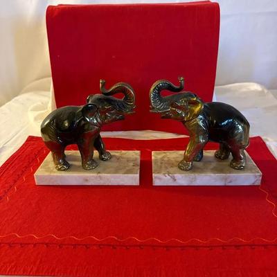 Vintage Brass Elephant Bookends on Marble Bases – Matched Pair