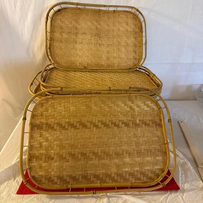 Set Of 8--This is a set of vintage woven bamboo and rattan serving trays, often referred to as "TV t
