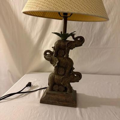 Elephant Figural Table Lamp with Woven Shade – Trunk Up Design