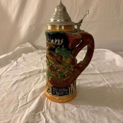 German Hunting Beer Stein – Stag & Forest Relief, Tree Handle, Pewter Lid