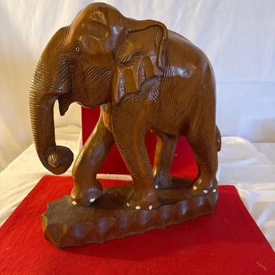 Large Hand-Carved Wooden Elephant Figurine on Base – Vintage Decor”