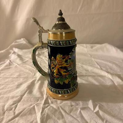 Vintage German Beer Stein – Heraldic Lion Coat of Arms, Pewter Lid