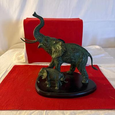 Elephant & Calf Figurine on Base – Verdigris Green Wildlife Sculpture