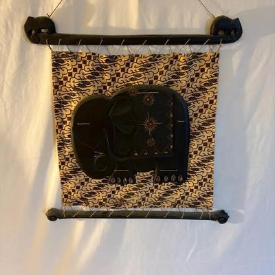 Hand-Carved Wooden Elephant Wall Hanging with Batik Textile – Southeast Asian Décor