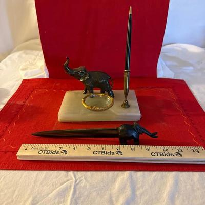 Vintage Elephant Desk Set with Onyx Base, Ink Well, Pen & Letter Opener”