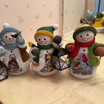 Set of 3 Winter Snowman Figurines with Lanterns & Cardinal/Bird Details