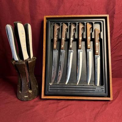 Vintage EKCO Cutlery Lot – Flint Steak Knives, Wood Handles & Knife Block