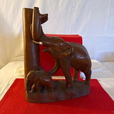 Hand-Carved Wooden Elephant Scene (Adult & Calf)