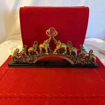 Vintage Gilt Elephant Procession Mantel Sculpture with Faceted Crystal Accent”