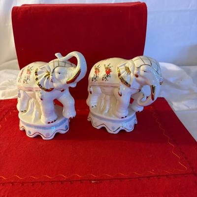 Pair of Decorative Porcelain Elephant Figurines with Floral & Gilt Details”