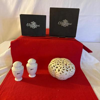 Vintage White Pierced Porcelain Trinket / Potpourri Box And Salt /pepper Shakers