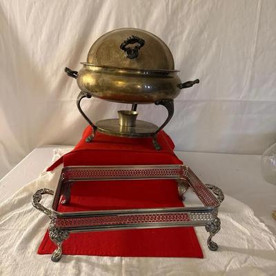 Antique Silver-Plated Chafing Dish with Spirit Burner & Pierced Serving Tray