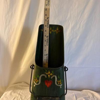 Vintage Decorative Metal Coal Scuttle / Wall Pocket with Hand-Painted Folk Art Design