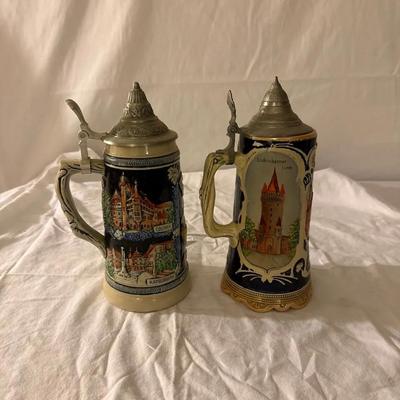 Pair of German & Alsace City Beer Steins – Colmar, Kaysersberg & Frankfurt