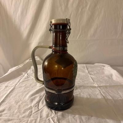 Vintage Amber Glass Beer Growler w/ Swing-Top & Pewter Crest