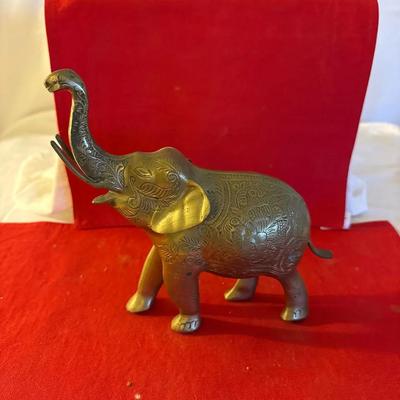 Engraved Brass Elephant Figurine with Raised Trunk