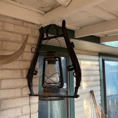 Primitive Wooden Barn Lantern Hanger with Vintage Oil Lantern (wired)