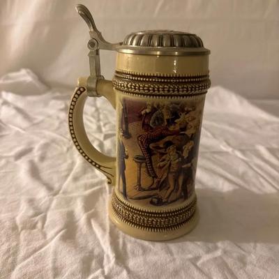 “Vintage German Tavern Scene Beer Steins – Pewter Lids (Pair)