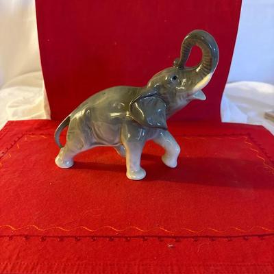 Gray Glazed Porcelain Elephant Figurine with Raised Trunk