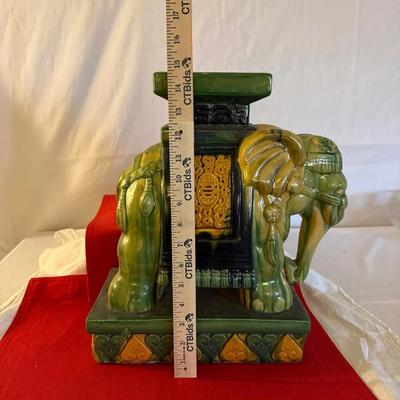 Vintage Ceramic Elephant Pedestal / Plant Stand – Green & Ochre Glaze
