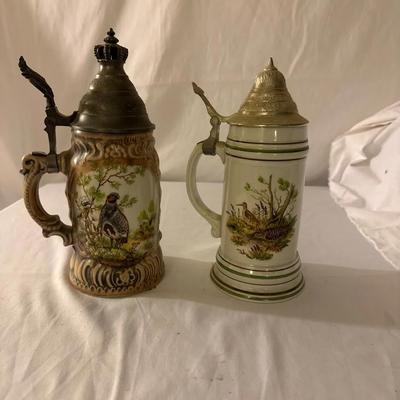 Pair of German Hunting Beer Steins with Bird Scenes & Pewter Lids