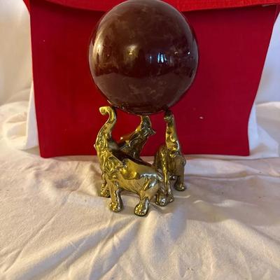 Vintage Brass Elephant Trio with Polished Stone Sphere – Boho Global Décor 