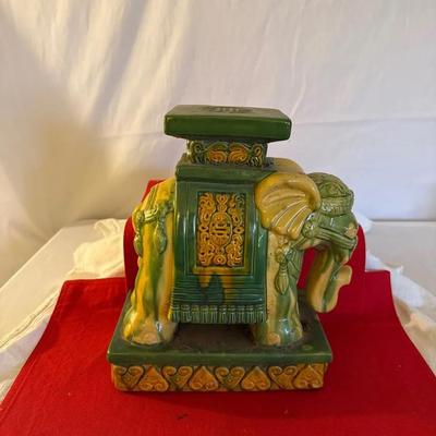 Vintage Ceramic Elephant Pedestal / Plant Stand – Green & Ochre Glaze