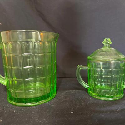 Uranium Glass Pitcher & Lidded Ice Bowl